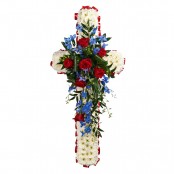 SYM-329 White Massed 120cm Cross with Red & Blue Spray